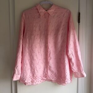 Lauren Ralph Lauren Pink Eyelet Embroidered Linen Button Down Shirt Women